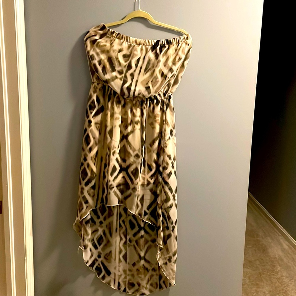 Ikat-print, lined high-low strapless dress in shades of ivory & olive; worn once